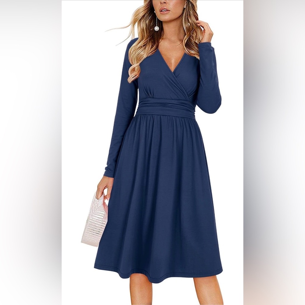 Ouges navy v-neck long sleeve dress